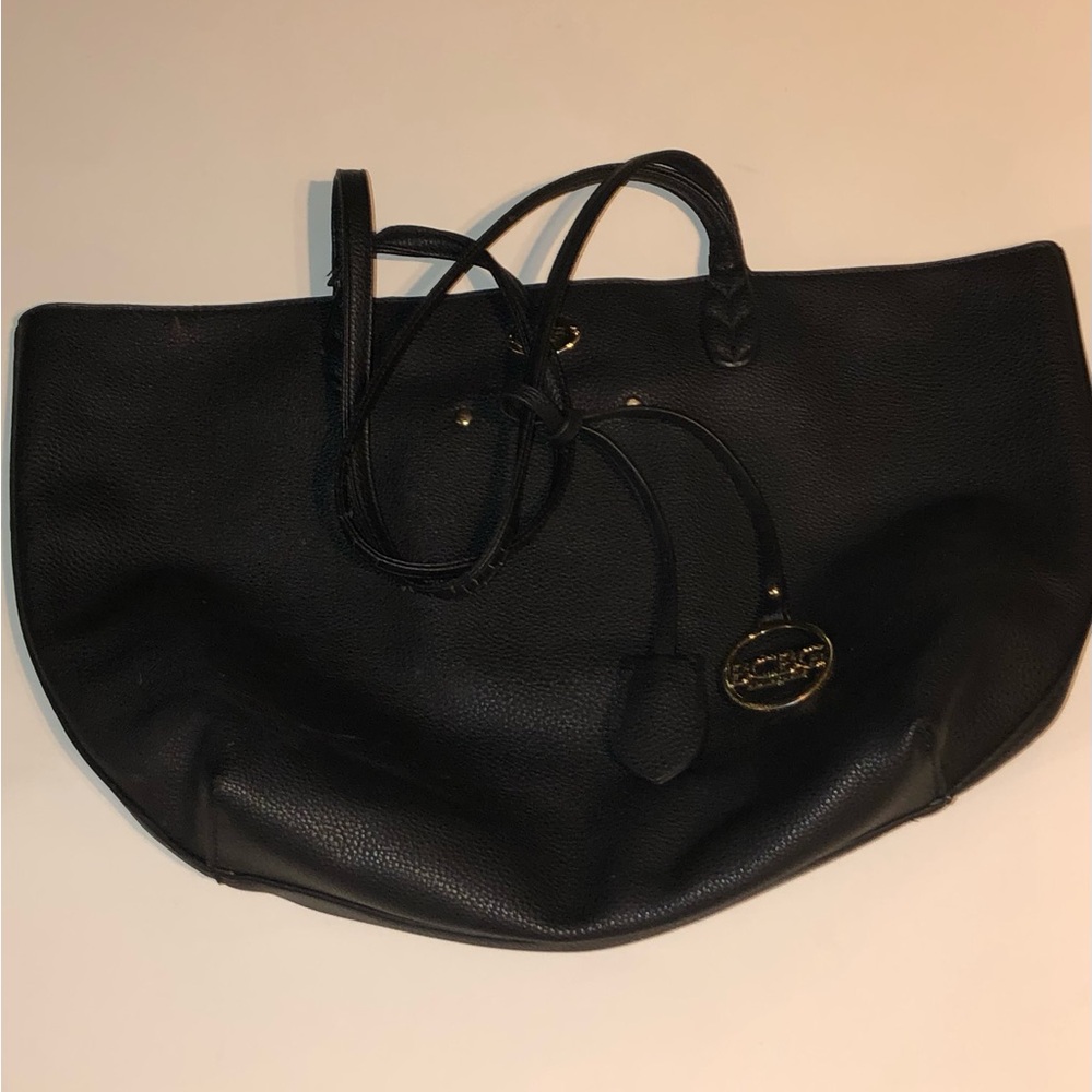BCBG Paris Black  Leather Shoulder Bag Tote Shopper Authentic W Double Handles